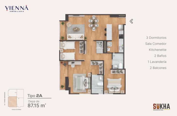 Plano del modelo 2A del proyecto Residencial Sukha en Surquillo