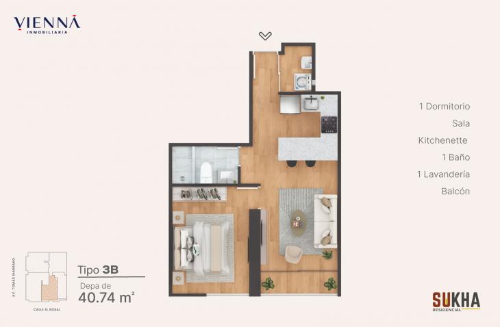 Plano del modelo 3B del proyecto Residencial Sukha en Surquillo
