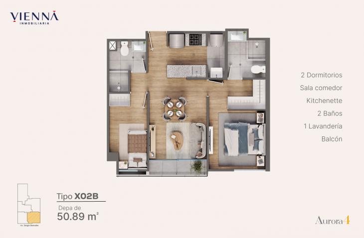 Plano del modelo Tipo X02B del proyecto Aurora 4 en Surquillo