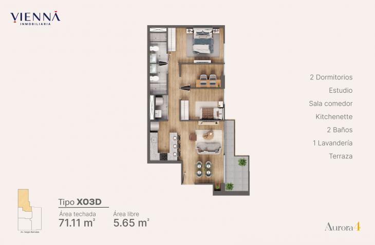 Plano del modelo Tipo X03D del proyecto Aurora 4 en Surquillo