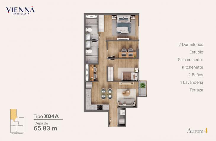 Plano del modelo Tipo X04A del proyecto Aurora 4 en Surquillo