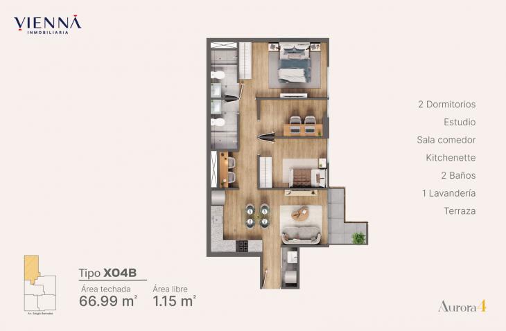 Plano del modelo Tipo X04B del proyecto Aurora 4 en Surquillo