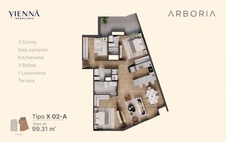 Plano del modelo X02-A del proyecto Arboria en Surquillo