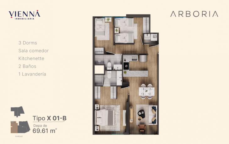 Plano del modelo X01-B del proyecto Arboria en Surquillo