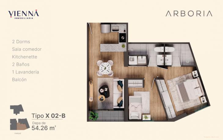 Plano del modelo X02-B del proyecto Arboria en Surquillo