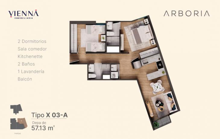 Plano del modelo X03-A del proyecto Arboria en Surquillo