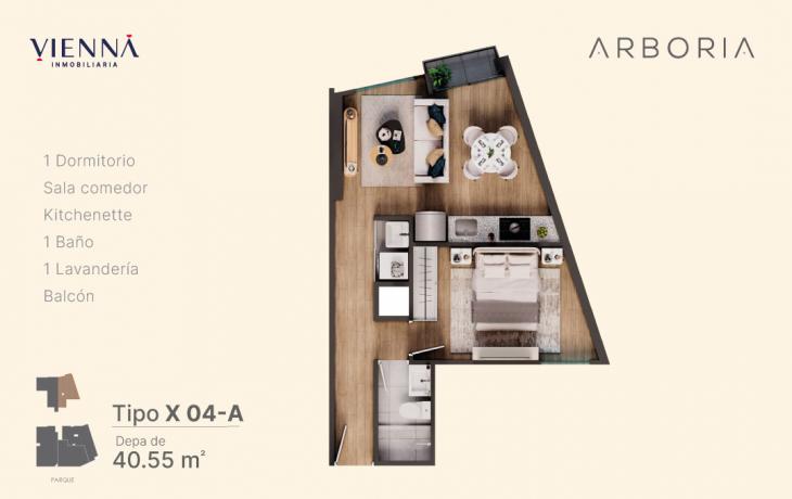 Plano del modelo X04-A del proyecto Arboria en Surquillo