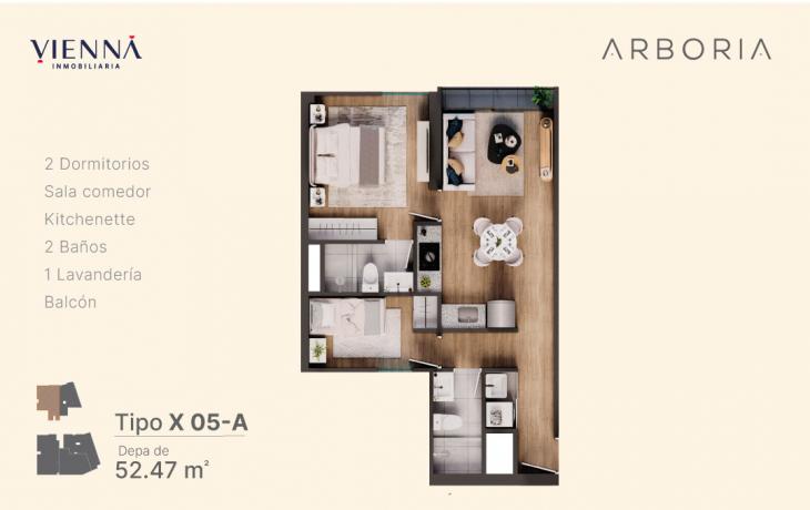 Plano del modelo X05-A del proyecto Arboria en Surquillo