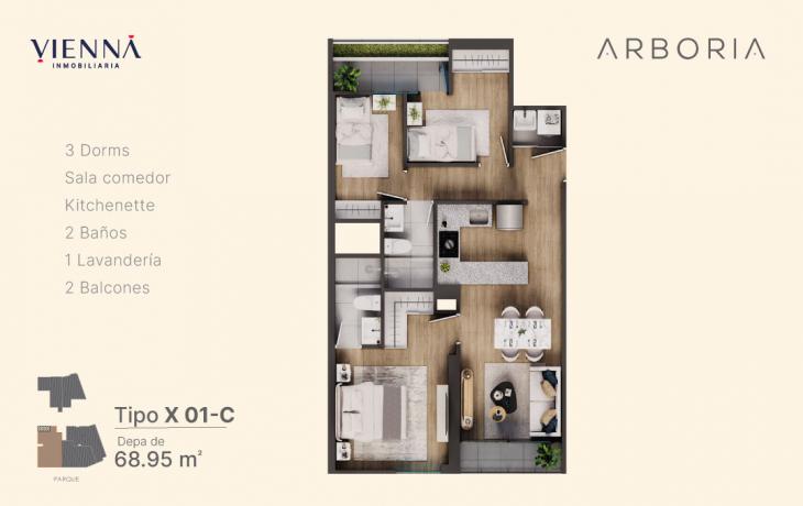 Plano del modelo X01-C del proyecto Arboria en Surquillo