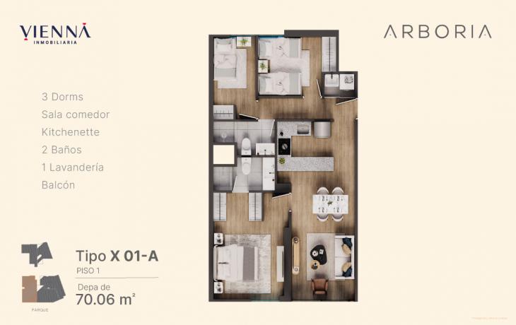 Plano del modelo X01-A del proyecto Arboria en Surquillo