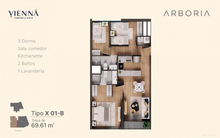 Plano del modelo X01-B del proyecto Arboria en Surquillo