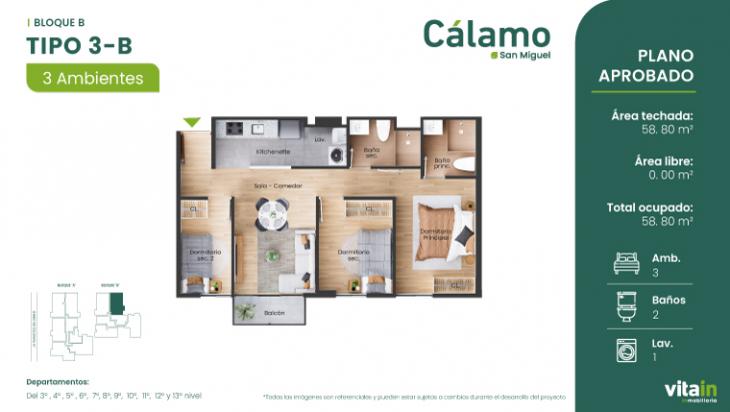 Plano del modelo Tipo 3 - B del proyecto Edificio Cálamo en San Miguel