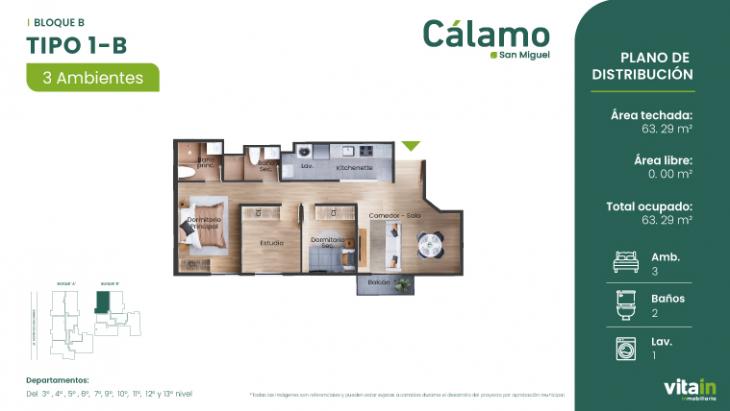 Plano del modelo Tipo 1 - B del proyecto Edificio Cálamo en San Miguel