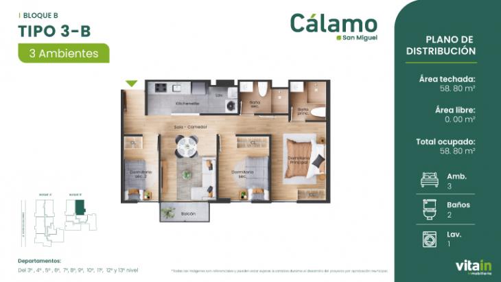 Plano del modelo Tipo 3 - B del proyecto Edificio Cálamo en San Miguel