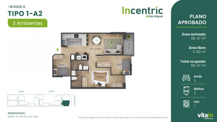 Plano del modelo Tipo 1 - A2 del proyecto Edificio Incentric en San Miguel