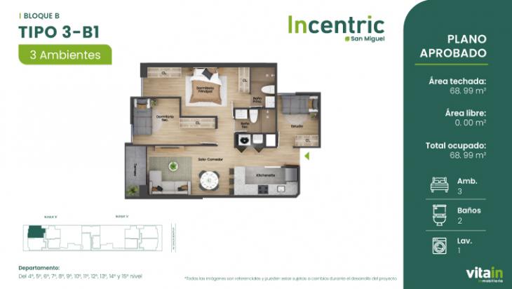 Plano del modelo Tipo 3 - B1 del proyecto Edificio Incentric en San Miguel