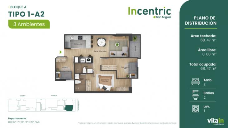 Plano del modelo Tipo 1 - A2 del proyecto Edificio Incentric en San Miguel