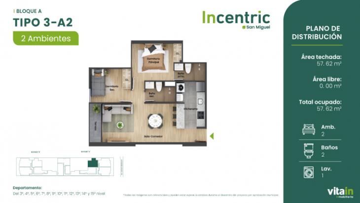 Plano del modelo Tipo 3 - A2 del proyecto Edificio Incentric en San Miguel