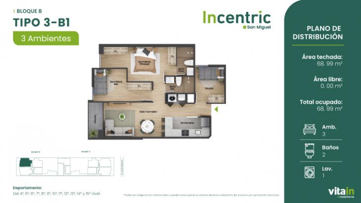 Plano del modelo Tipo 3 - B1 del proyecto Edificio Incentric en San Miguel