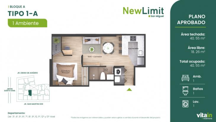 Plano del modelo Tipo 1 - A del proyecto Edificio New Limit en San Miguel
