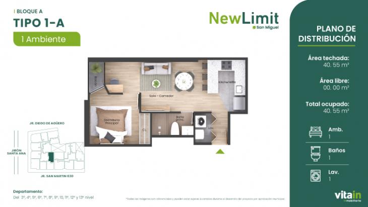 Plano del modelo Tipo 1 - A del proyecto Edificio New Limit en San Miguel