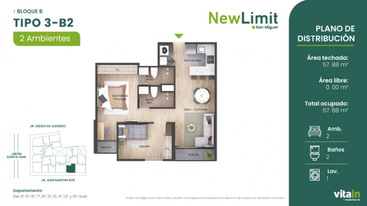 Plano del modelo Tipo 3 - B del proyecto Edificio New Limit en San Miguel