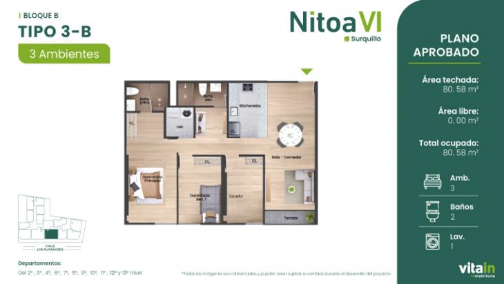 Plano del modelo TIPO-3-B del proyecto Edificio Nitoa 6 en Surquillo