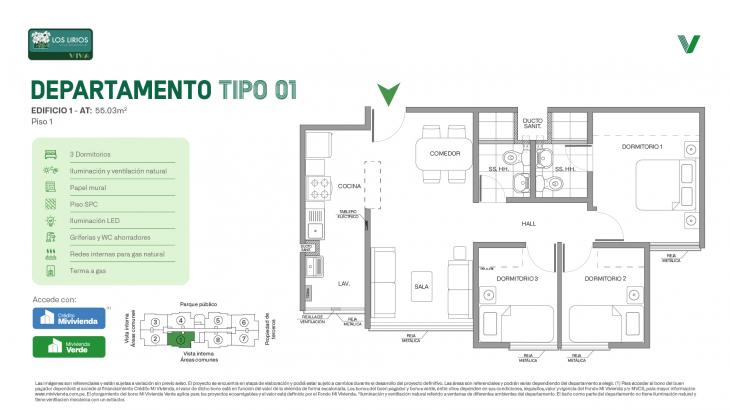 Plano del modelo E1 - Tipo 01 - Piso 1 del proyecto Los Lirios Villa Residencial en Comas