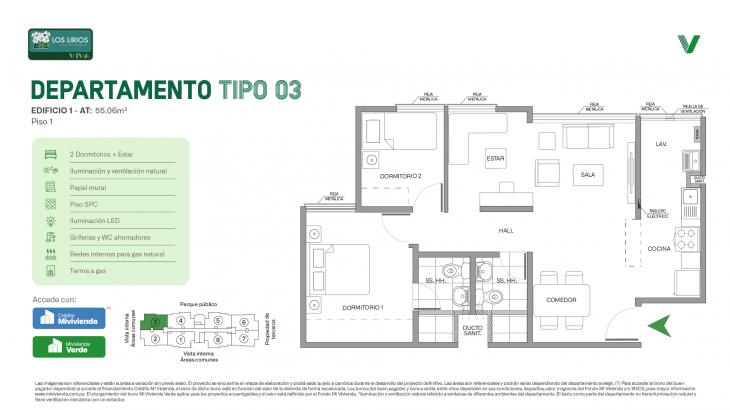 Plano del modelo E1 - Tipo 03 - Piso 1 del proyecto Los Lirios Villa Residencial en Comas