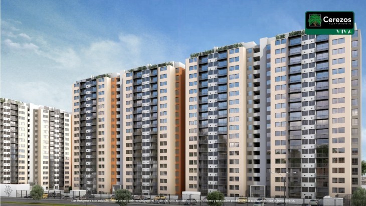 Fachada principal del proyecto Cerezos Club Residencial en Comas