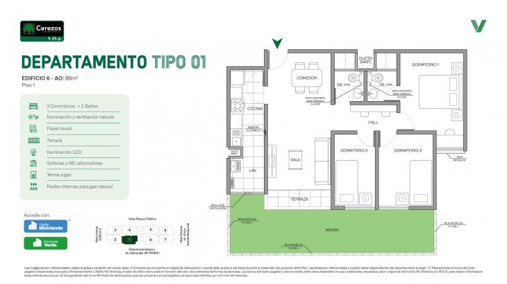 Plano del modelo Tipo 01 - Piso 1 del proyecto Cerezos Club Residencial en Comas