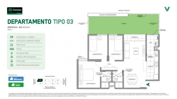 Plano del modelo Tipo 03 - Piso 1 del proyecto Cerezos Club Residencial en Comas