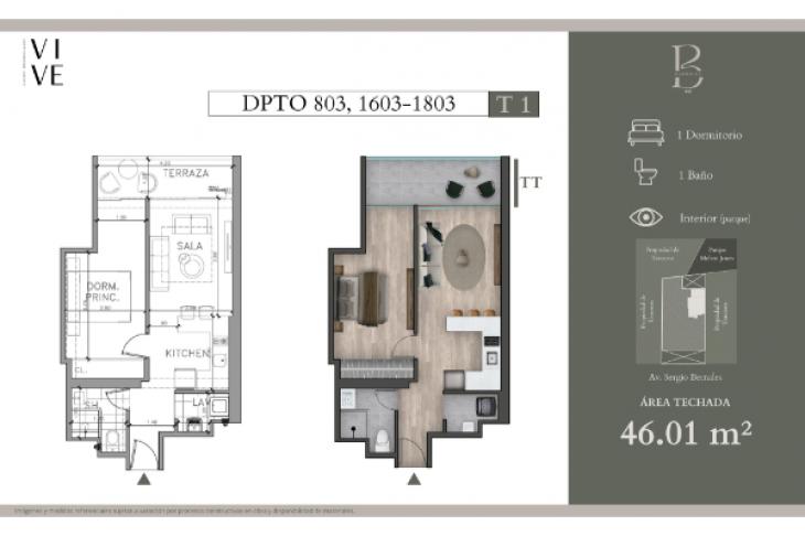 Plano del modelo T1 del proyecto BERNALES 442 en Surquillo