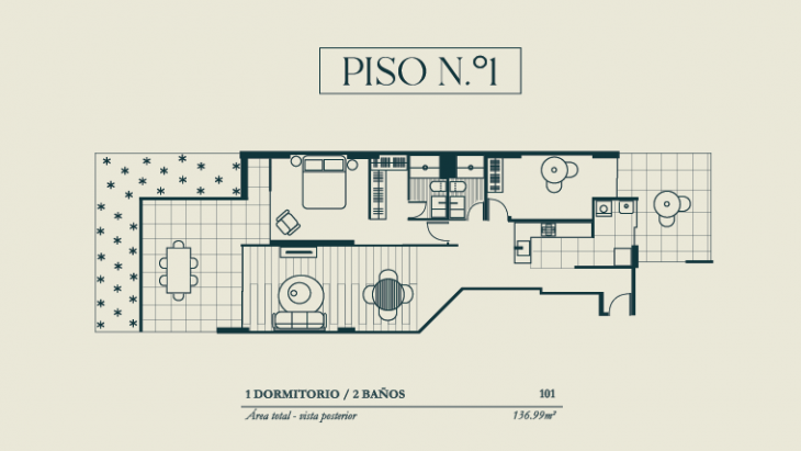 Plano del modelo TIPO 1B del proyecto BOLOGNESI 267 en Miraflores